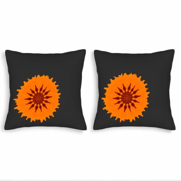 Set of 2 18x18in Throw Pillow Covers - Elegant Black Background with Vibrant Orange Flower Design Perfect for Couch Bed or Car