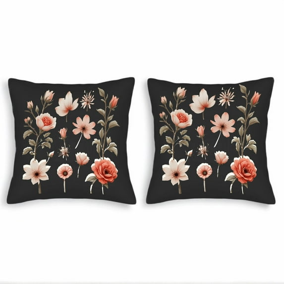 Set of 2 18x18in Throw Pillow Covers - Elegant Black Floral Design with Pink & Peach Roses Perfect for Couch Bed or Car Decor