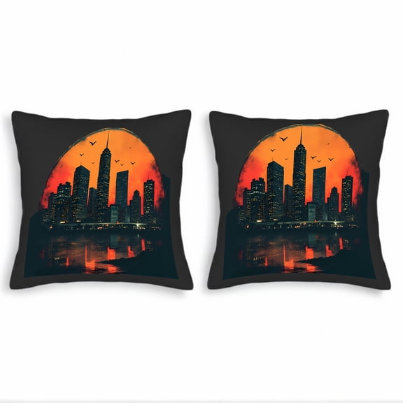 Set of 2 18x18in Throw Pillow Covers - Elegant City Skyline Design with Vibrant Sunset Colors for Couch Bed and Car Decor