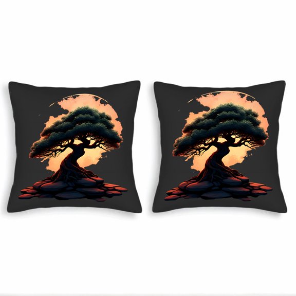 Set of 2 18x18in Throw Pillow Covers - Elegant Tree Design on Vibrant Orange Sky Perfect for Couch Bed or Car Decor