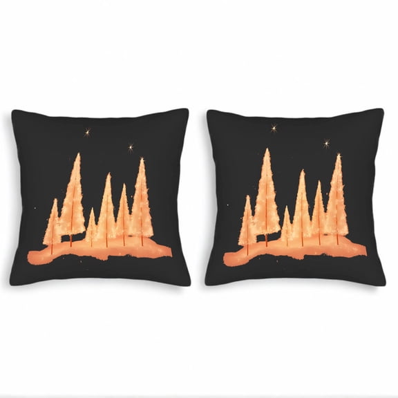 Set of 2 18x18in Throw Pillow Covers - Enchanting Black Forest Scene with Glowing Orange Trees & Stars - Cozy Winter Decor for Couch Bed Car