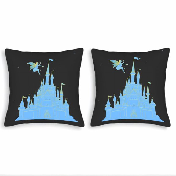 Set of 2 18x18in Throw Pillow Covers - Enchanting Castle Design in Light Blue & Yellow Perfect for Couch Bed or Car Decor