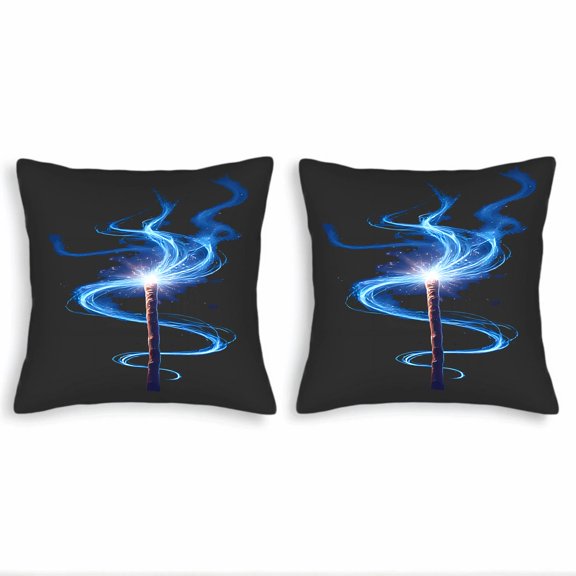 Set of 2 18x18in Throw Pillow Covers - Enchanting Dark Background with Wand & Blue Magical Energy Design for Couch Bed Car