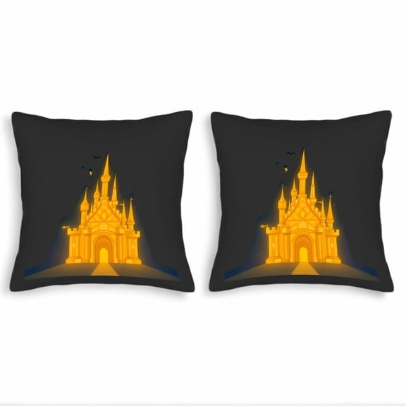 Set of 2 18x18in Throw Pillow Covers - Enchanting Golden Castle Design with Spires & Glowing Illumination Perfect for Couch Bed Car