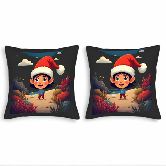 Set of 2 18x18in Throw Pillow Covers - Festive Cartoon Santa Hat Design on Beach with Coral Reefs Perfect for Couch Bed or Car