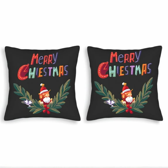 Set of 2 18x18in Throw Pillow Covers - Festive Merry Christmas Design with Cheerful Santa Colorful Text & Holiday Accents for Couch Bed Car