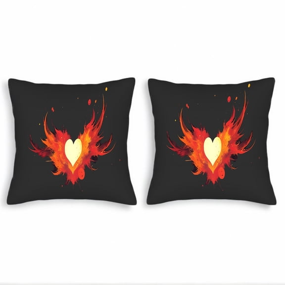 Set of 2 18x18in Throw Pillow Covers - Fiery Heart Design with Vibrant Flames for Couch Bed Car Decor
