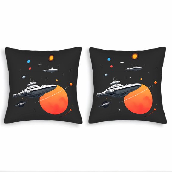 Set of 2 18x18in Throw Pillow Covers - Futuristic Space Scene with Bright Orange Planet & Sleek White Spaceship Perfect for Couch Bed Car