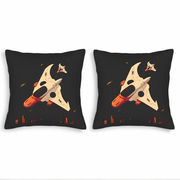 Set of 2 18x18in Throw Pillow Covers - Futuristic Spacecraft Design in Cream Orange & Red for Couch Bed Car Decor
