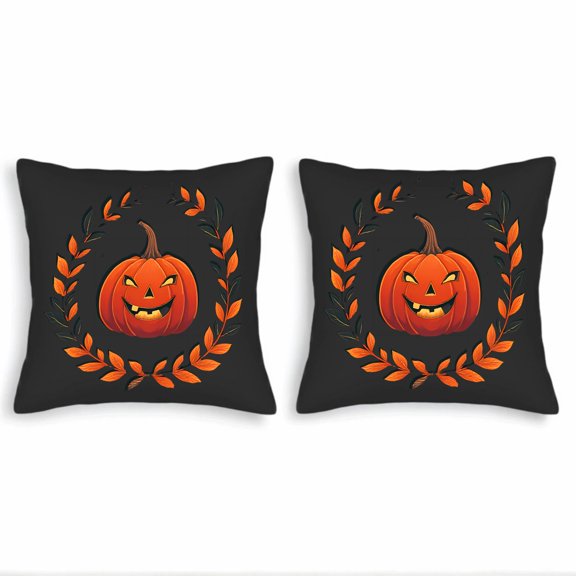 Set of 2 18x18in Throw Pillow Covers - Halloween Pumpkin Design with Mischievous Grin & Orange Leaf Wreath for Couch Bed Car