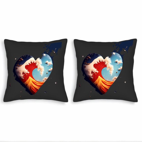 Set of 2 18x18in Throw Pillow Covers - Heart-Shaped Wave Design with Red & White Waves Snow - Capped Peaks and Blue Sky for Couch Bed Car