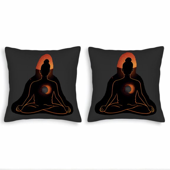 Set of 2 18x18in Throw Pillow Covers - Meditative Silhouette Design with Glowing Orange Outline Perfect for Couch Bed or Car