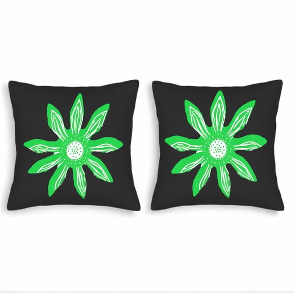 Set of 2 18x18in Throw Pillow Covers - Modern Black Background with Vibrant Green Flower Design Perfect for Couch Bed or Car