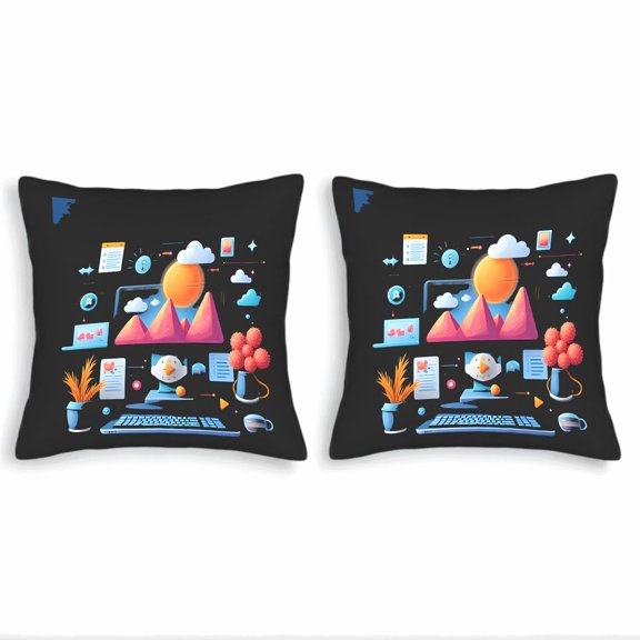 Set of 2 18x18in Throw Pillow Covers - Modern Tech & Nature Design with Scenic Mountain Digital Vibrant Colors for Couch Bed Car