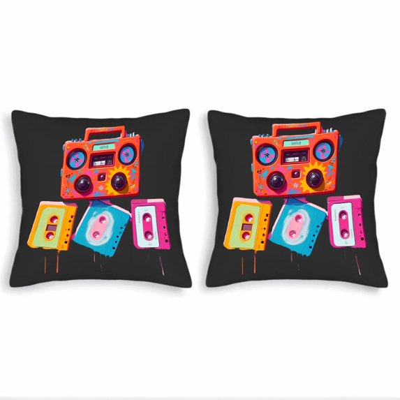 Set of 2 18x18in Throw Pillow Covers - Retro Boombox & Cassette Tape Design Colorful Patterns for Couch Bed Car Decor