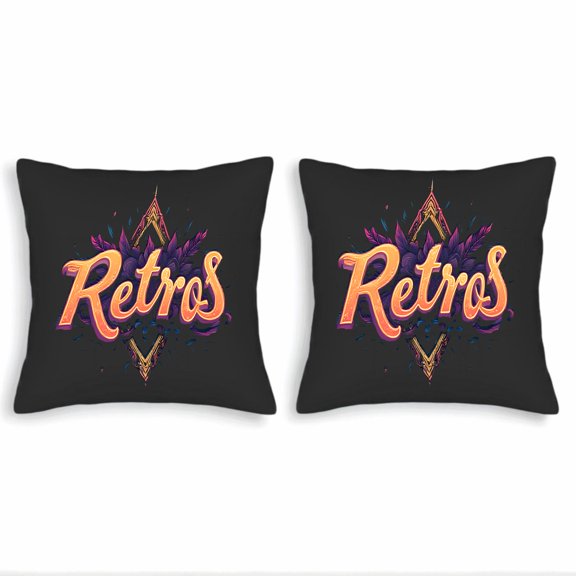 Set of 2 18x18in Throw Pillow Covers - Retro Floral Design with Vibrant Cursive ' Retro ' on Black Background Perfect for Couch Bed Car