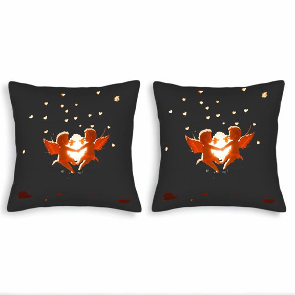 Set of 2 18x18in Throw Pillow Covers - Romantic Cherubs Design with Hearts & Light Perfect for Couch Bed or Car Decor