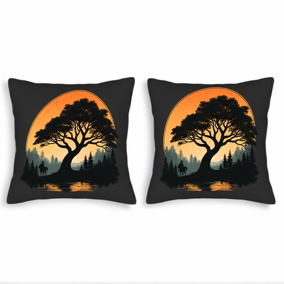 Set of 2 18x18in Throw Pillow Covers - Rustic Tree Silhouette Design with Sunset Hues for Couch Bed Car Decor