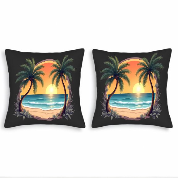 Set of 2 18x18in Throw Pillow Covers - Serene Beach Scene with Palm Trees Sunset Hues for Couch Bed Car Decor