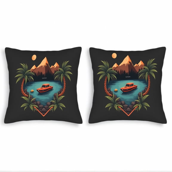Set of 2 18x18in Throw Pillow Covers - Serene Lakeside Scene with Red Boat Palm Trees & Snow - Capped Mountains - Perfect for Couch Bed Car Decor