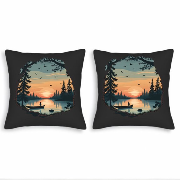 Set of 2 18x18in Throw Pillow Covers - Serene Lakeside Sunset Design for Couch Bed Car - Tranquil Pine Tree and Water Reflection Pattern