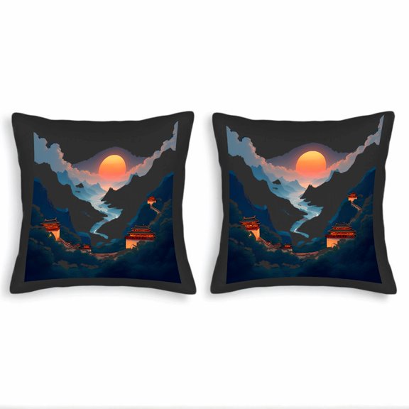 Set of 2 18x18in Throw Pillow Covers - Serene Landscape Design with Mountains Sunset and East Asian Architecture for Couch Bed Car