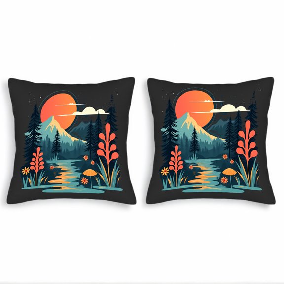 Set of 2 18x18in Throw Pillow Covers - Serene Landscape Design with Sunset Pine Trees and Colorful Flowers for Couch Bed Car
