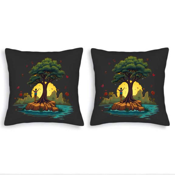 Set of 2 18x18in Throw Pillow Covers - Serene Landscape Design with Tree Sunset and Colorful Butterflies for Couch Bed Car