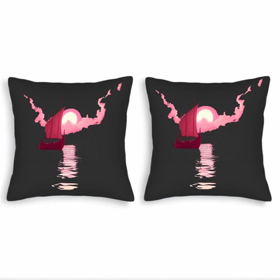 Set of 2 18x18in Throw Pillow Covers - Serene Night Scene with Pink Moon & Red Ship Design Perfect for Couch Bed or Car Decor