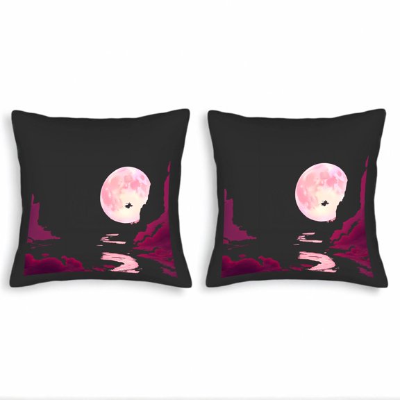 Set of 2 18x18in Throw Pillow Covers - Serene Night Scene with Pink Moon & Silhouette Spaceship Perfect for Couch Bed Car Decor