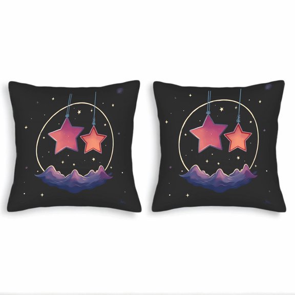 Set of 2 18x18in Throw Pillow Covers - Starry Night Design with Colorful Hanging Stars & Mountain Clouds - Perfect for Couch Bed Car