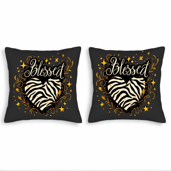 Set of 2 18x18in Throw Pillow Covers - Stylish Black Zebra Heart Design with Gold Swirls & ' Blessed ' Cursive for Couch Bed Car