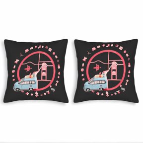 Set of 2 18x18in Throw Pillow Covers - Stylish Travel Adventure Design with Light Blue Van & Travel for Couch Bed Car Decor
