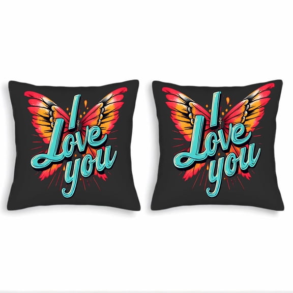 Set of 2 18x18in Throw Pillow Covers - Vibrant Butterfly Design with ' I Love You ' in Turquoise Perfect for Couch Bed or Car