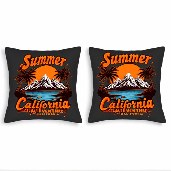 Set of 2 18x18in Throw Pillow Covers - Vibrant California Summer Design with Mountains Water and Palm Trees - Perfect for Couch Bed Car