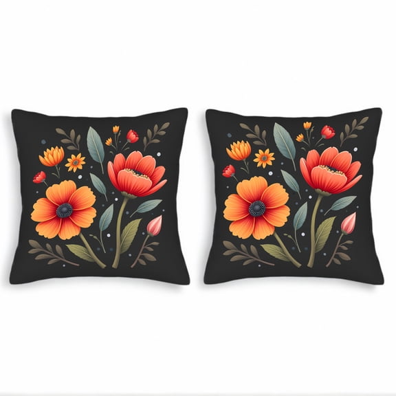 Set of 2 18x18in Throw Pillow Covers - Vibrant Floral Design on Black Background Folk Art Style for Couch Bed Car