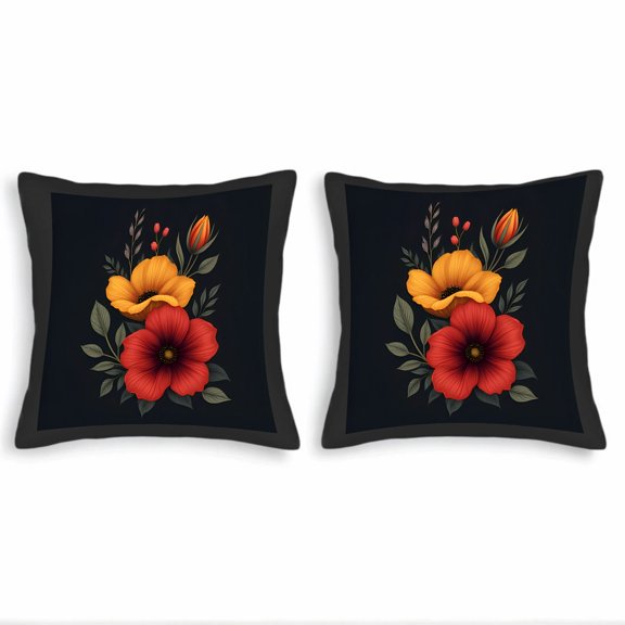 Set of 2 18x18in Throw Pillow Covers - Vibrant Floral Design with Orange & Red Flowers on Dark Background Perfect for Couch Bed Car