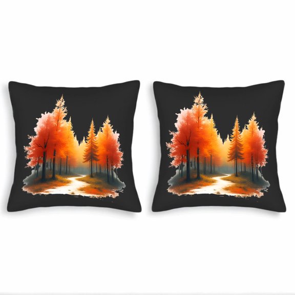Set of 2 18x18in Throw Pillow Covers - Vibrant Forest Scene with Orange & Red Trees Perfect for Couch Bed or Car Decor