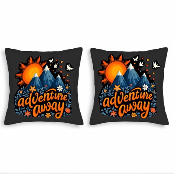 Set of 2 18x18in Throw Pillow Covers - Vibrant Mountain & Sun Design with Flowers Hearts and ' Adventure Away ' Script for Couch Bed Car