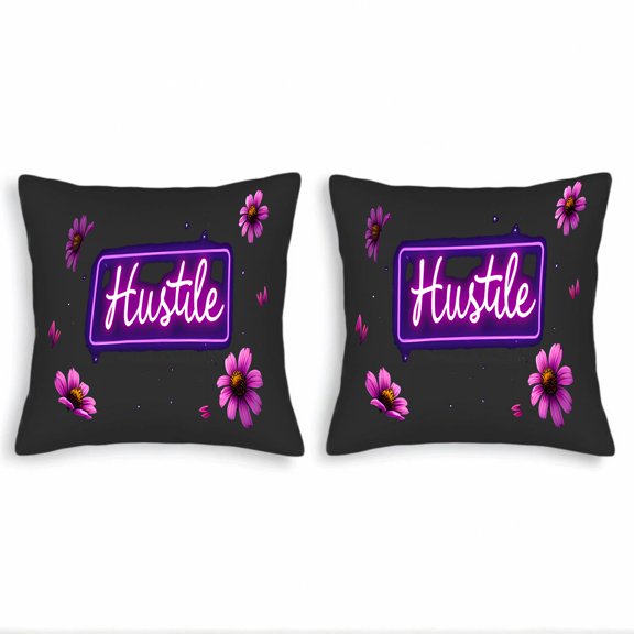 Set of 2 18x18in Throw Pillow Covers - Vibrant Neon Design with Pink Flowers on Dark Background Perfect for Couch Bed Car