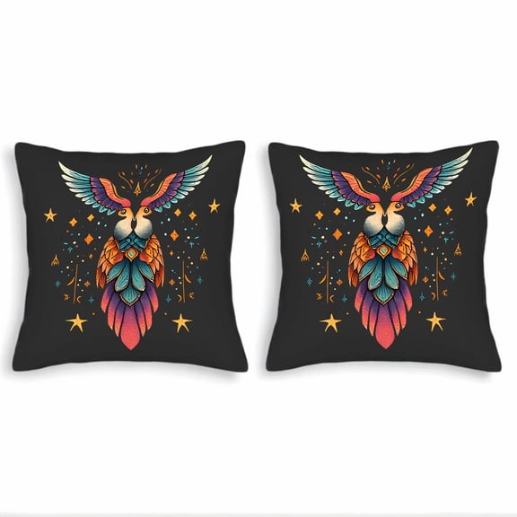 Set of 2 18x18in Throw Pillow Covers - Vibrant Owl Design with Colorful Wings & Celestial Accents for Couch Bed or Car