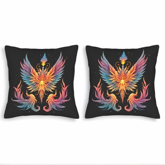 Set of 2 18x18in Throw Pillow Covers - Vibrant Phoenix Design with Colorful Feathers on Black Background Perfect for Couch Bed Car