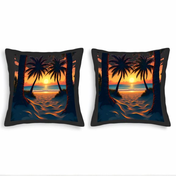 Set of 2 18x18in Throw Pillow Covers - Vibrant Sunset Beach Scene with Palm Trees Perfect for Couch Bed or Car Decor