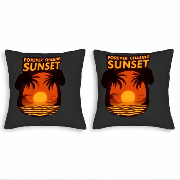 Set of 2 18x18in Throw Pillow Covers - Vibrant Sunset Scene with Silhouetted Palm Trees " CHASING SUNSET " Design for Couch Bed Car