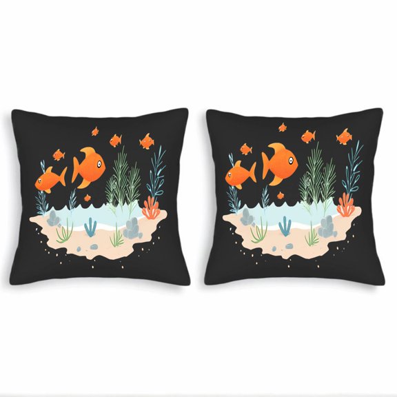 Set of 2 18x18in Throw Pillow Covers - Vibrant Underwater Scene with Orange Fish & Colorful Plants on Black Background