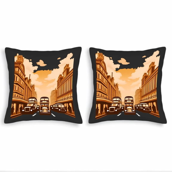 Set of 2 18x18in Throw Pillow Covers - Vintage City Street Scene with Classic Architecture & Double - Decker Bus Perfect for Couch Bed Car