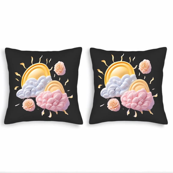 Set of 2 18x18in Throw Pillow Covers - Whimsical Black Background with Blue & Pink Clouds Peach Roses for Couch Bed Car
