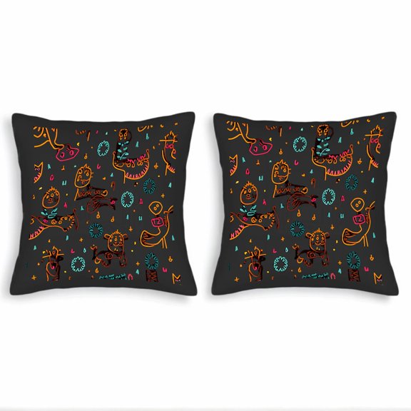 Set of 2 18x18in Throw Pillow Covers - Whimsical Creatures & Colorful Patterns for Couch Bed Car - Fun & Playful Decor