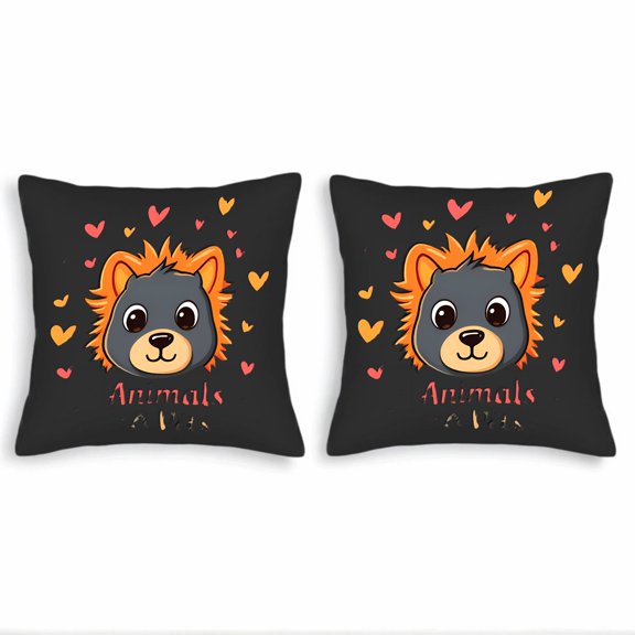 Set of 2 18x18in Throw Pillow Covers featuring a cheerful cartoon lion with a vibrant orange colorful hearts perfect for couch bed or car