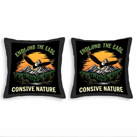 Set of 2 18x18in Throw Pillow Covers featuring a majestic bald eagle over mountains vibrant orange sky and serene nature theme